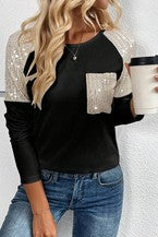 Sequin Patch Chest Pocket Raglan Sleeve Top