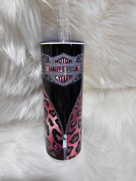 20oz Tumbler-Motorcycle Purple Cheetah Zipper