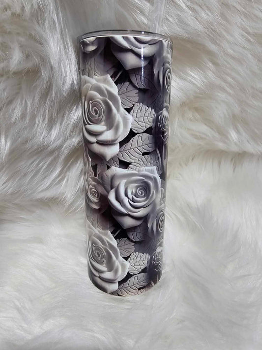 20oz Tumbler-Black and White 3D Flowers