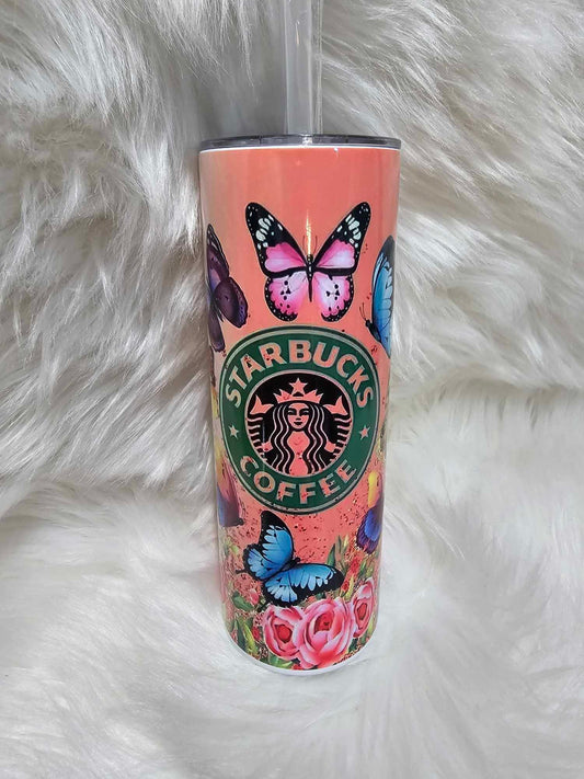 20oz Tumbler-Butterflies Peach