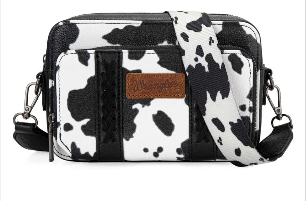 Wrangler Cow Print Crossbody Purse With Wallet Compartment - Black