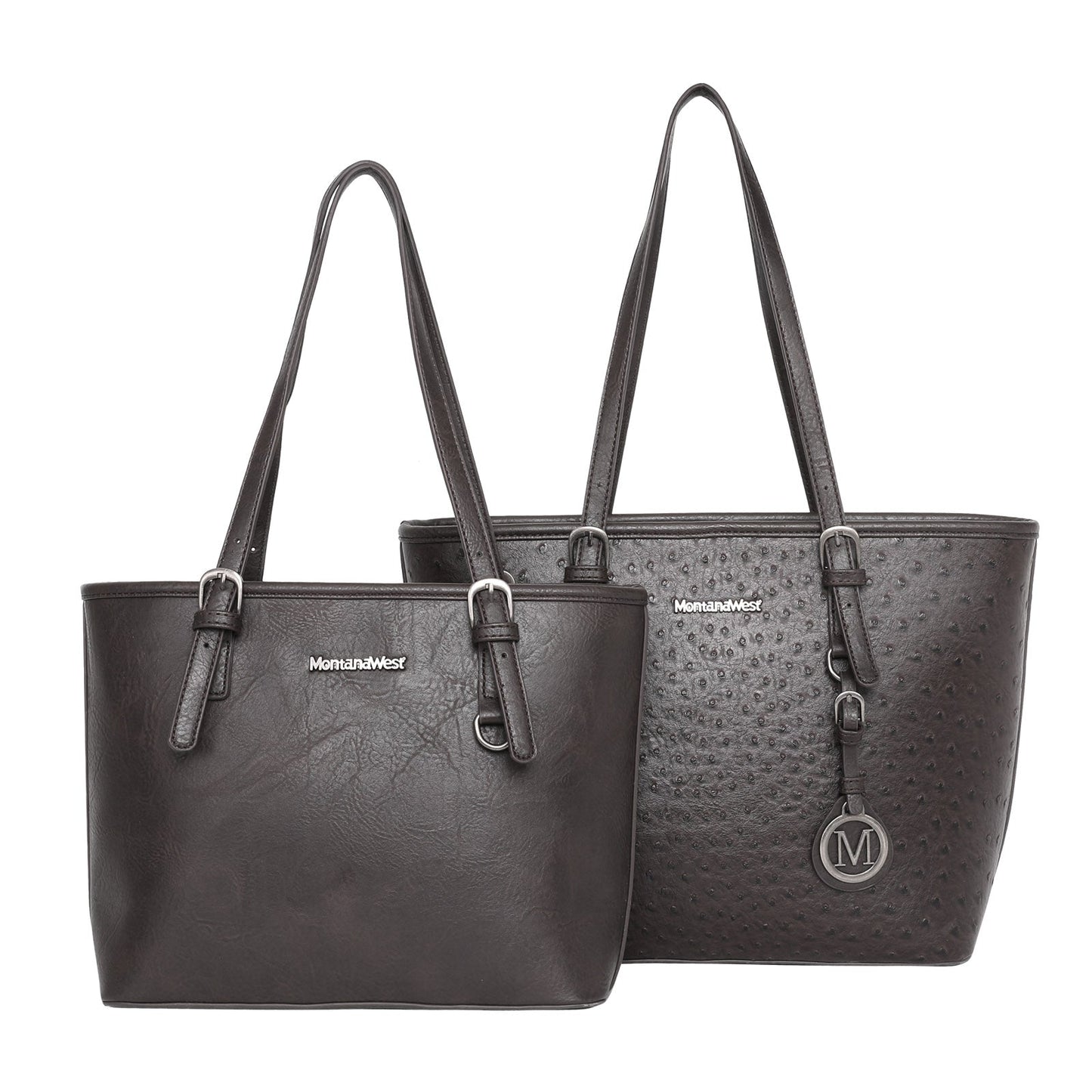 Montana West 2Pcs Set Tote (Concealed Carry Ostrich Print Tote & Small Basic Tote) Coffee