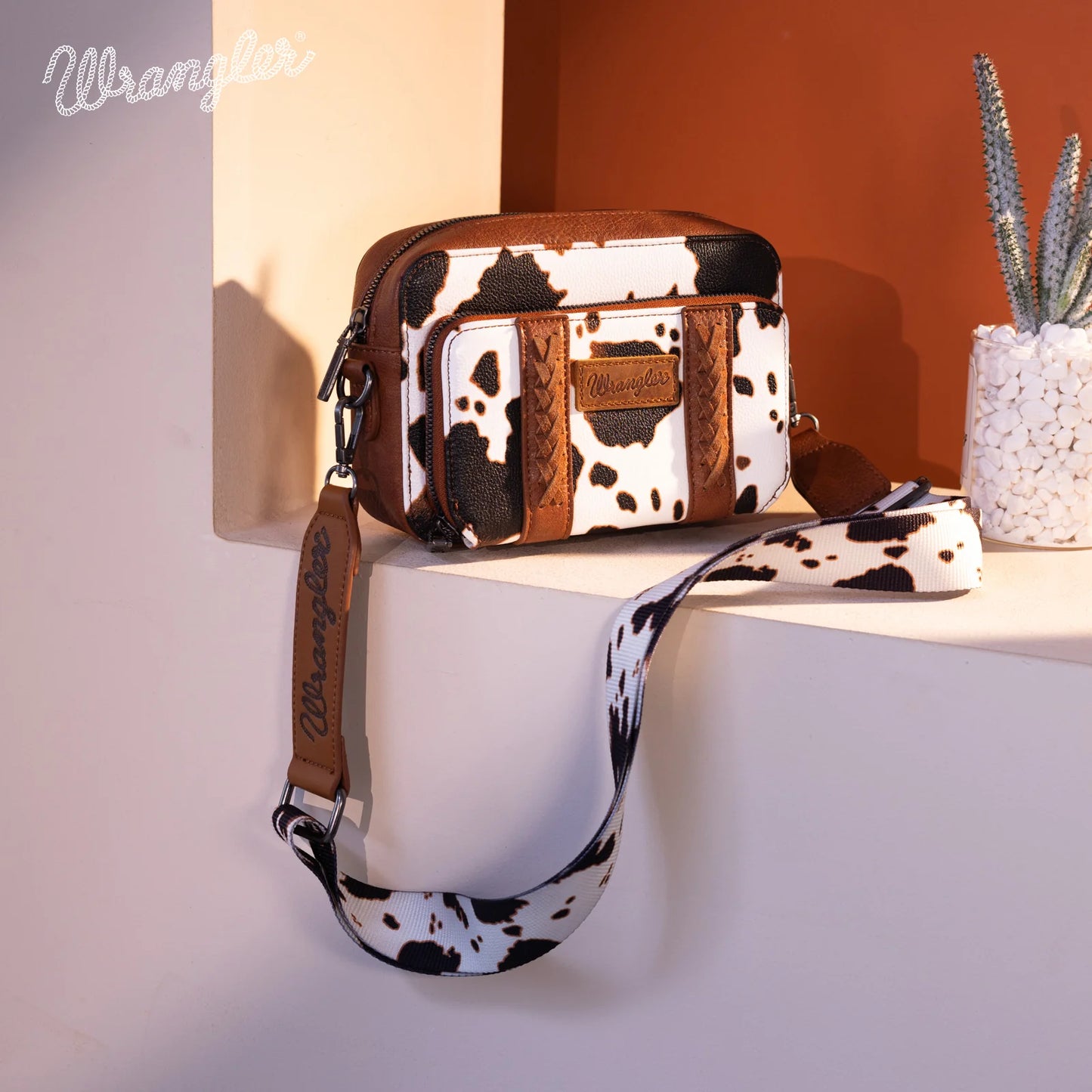 Wrangler Cow Print Crossbody Purse With Wallet Compartment - Black