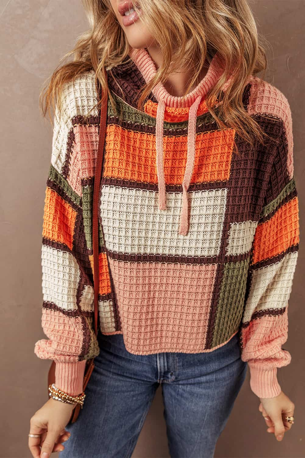 Color Block Waffle Knit Drawstring Mock Neck Sweater