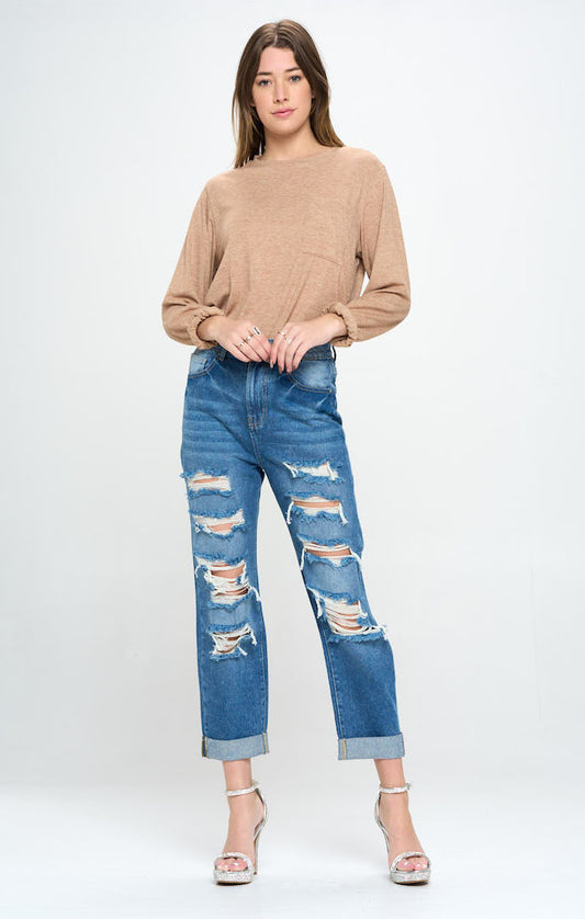 Blue Age HIGH RISE RIPPED BOYFRIEND JEANS